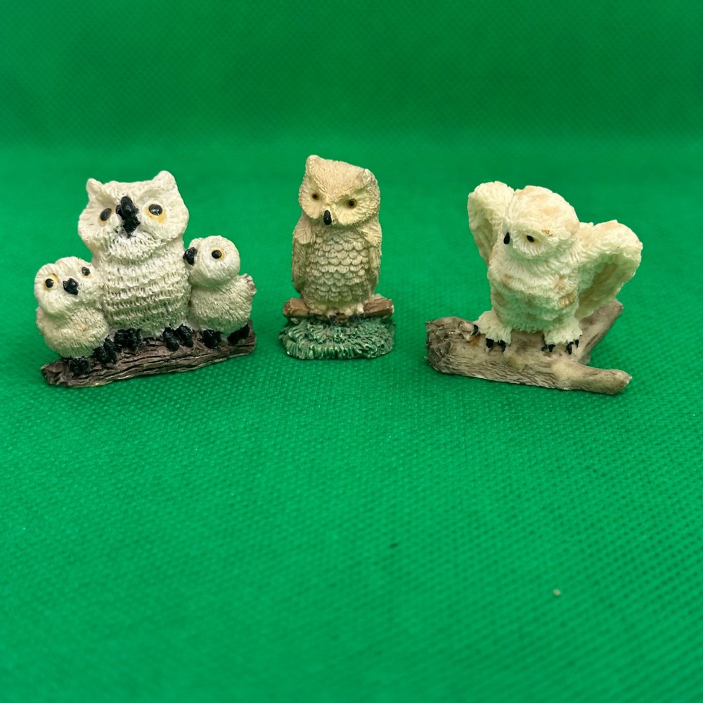 Lot of 3 Vintage owl on branch figurines resin miniature tiny birds mama baby